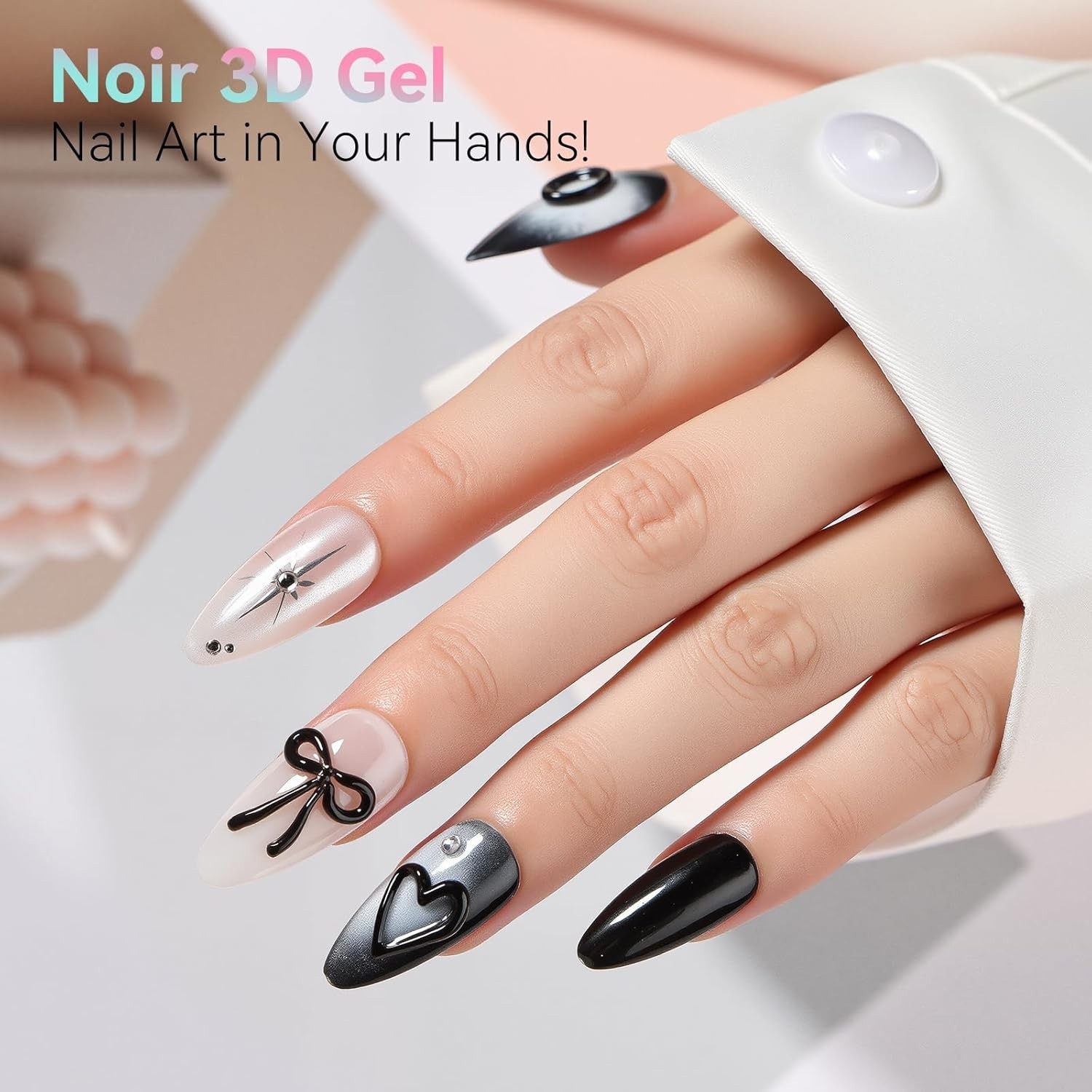 3D Gel Nail Art Set – Clear & Noir Sculpting Gel for DIY Embossed Nail Design…