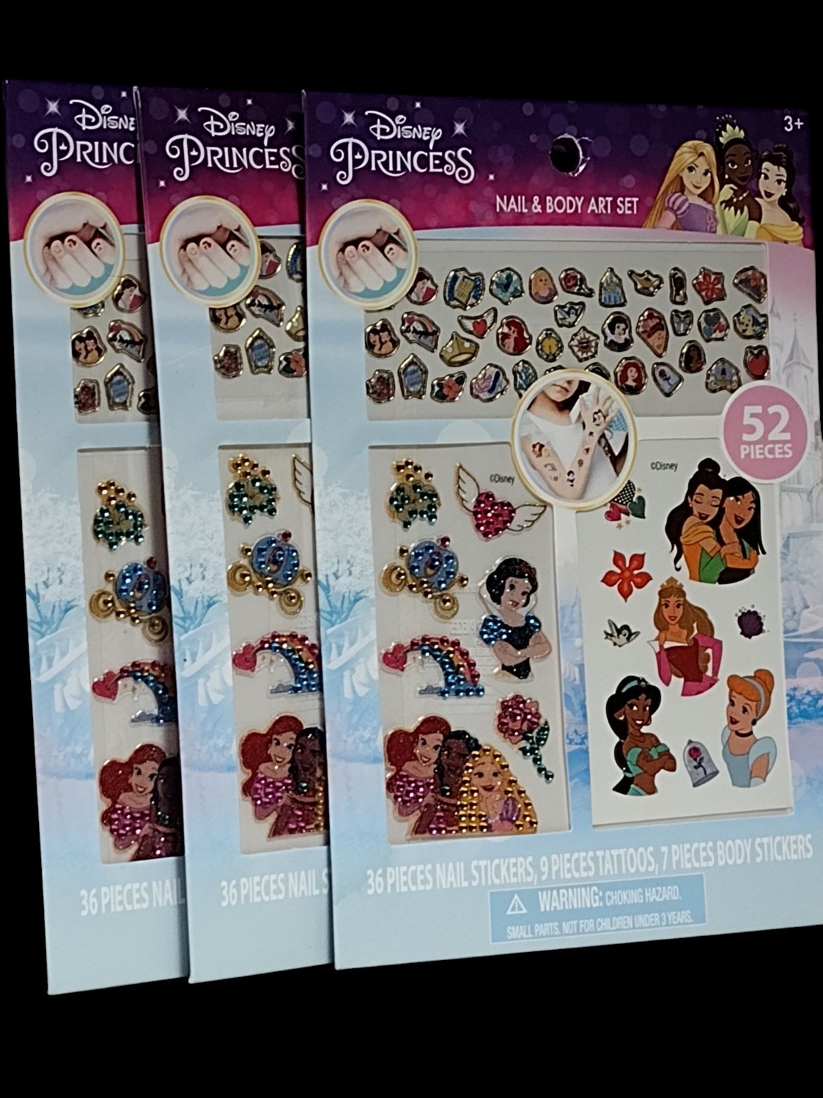 3 Disney Princess Kids Cartoon NAIL BODY STICKER ART SET Temporary Tattoos Decal
