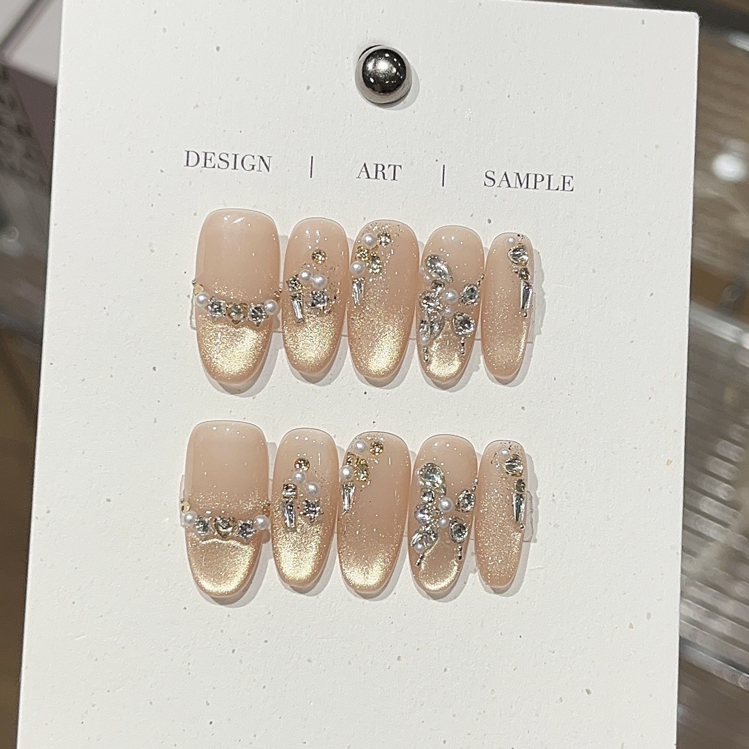10Pcs Handmade Gold Cat Eye Nails Butterfly Rhinestone Luxury Party