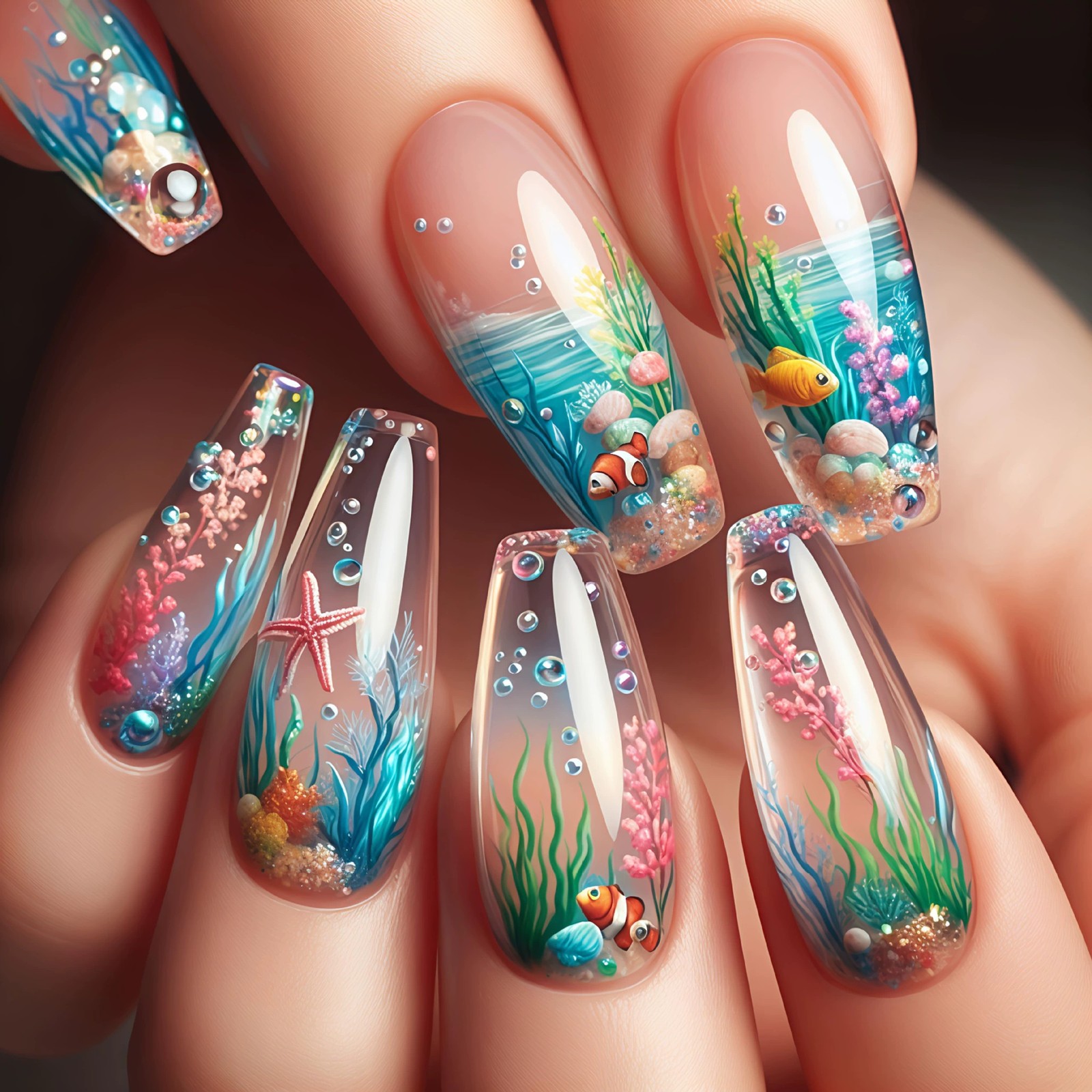 24pcs Press on Nails Goldfish Bubble Long Square Glossy Reusable Fake Nails
