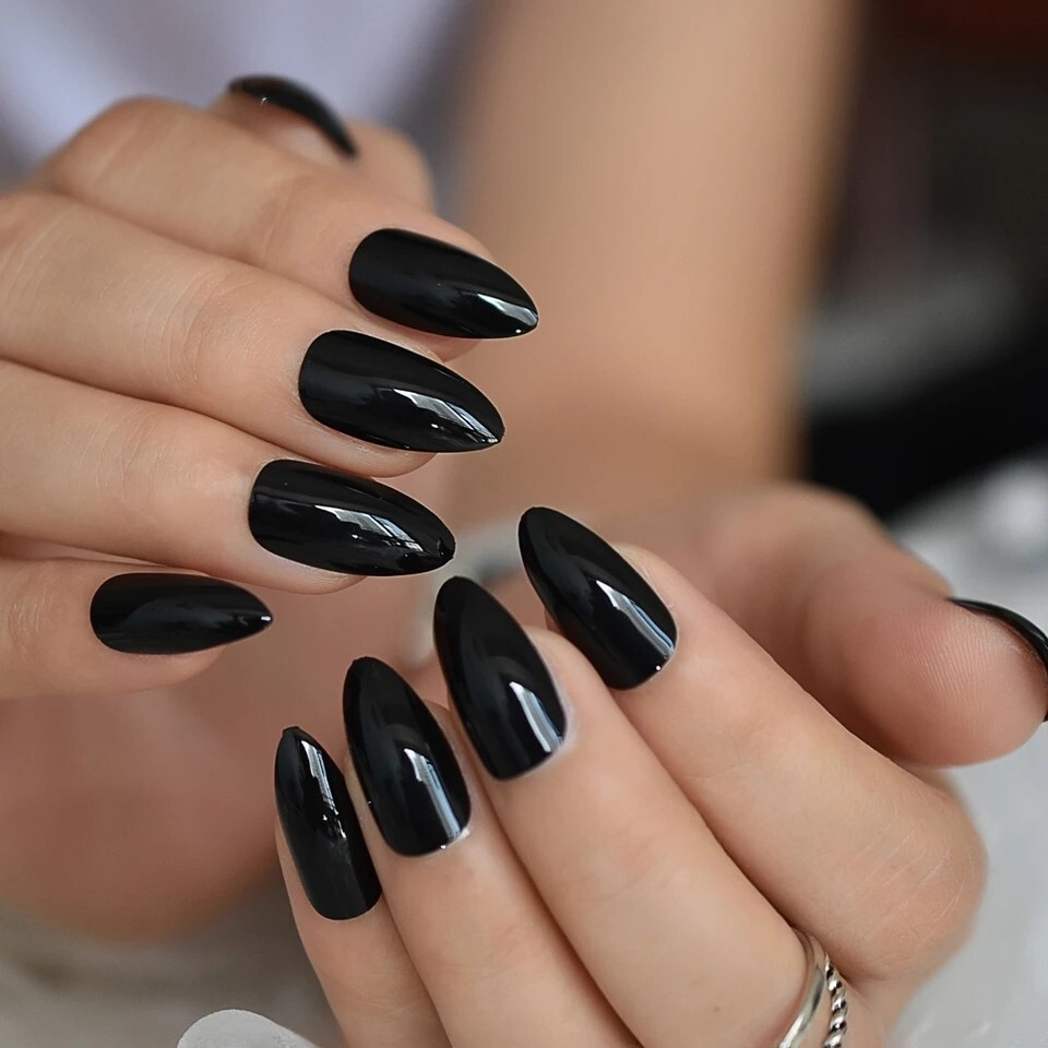 24 Glossy Black Press On Nails w/ Glue Medium Almond pointed goth emo alt almond