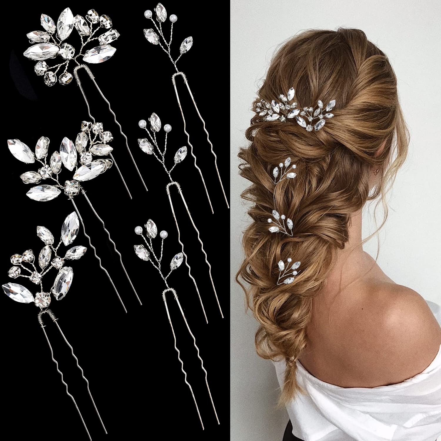 6 Pieces Bride Hair Pins Rhinestones Accessories for Women Silver