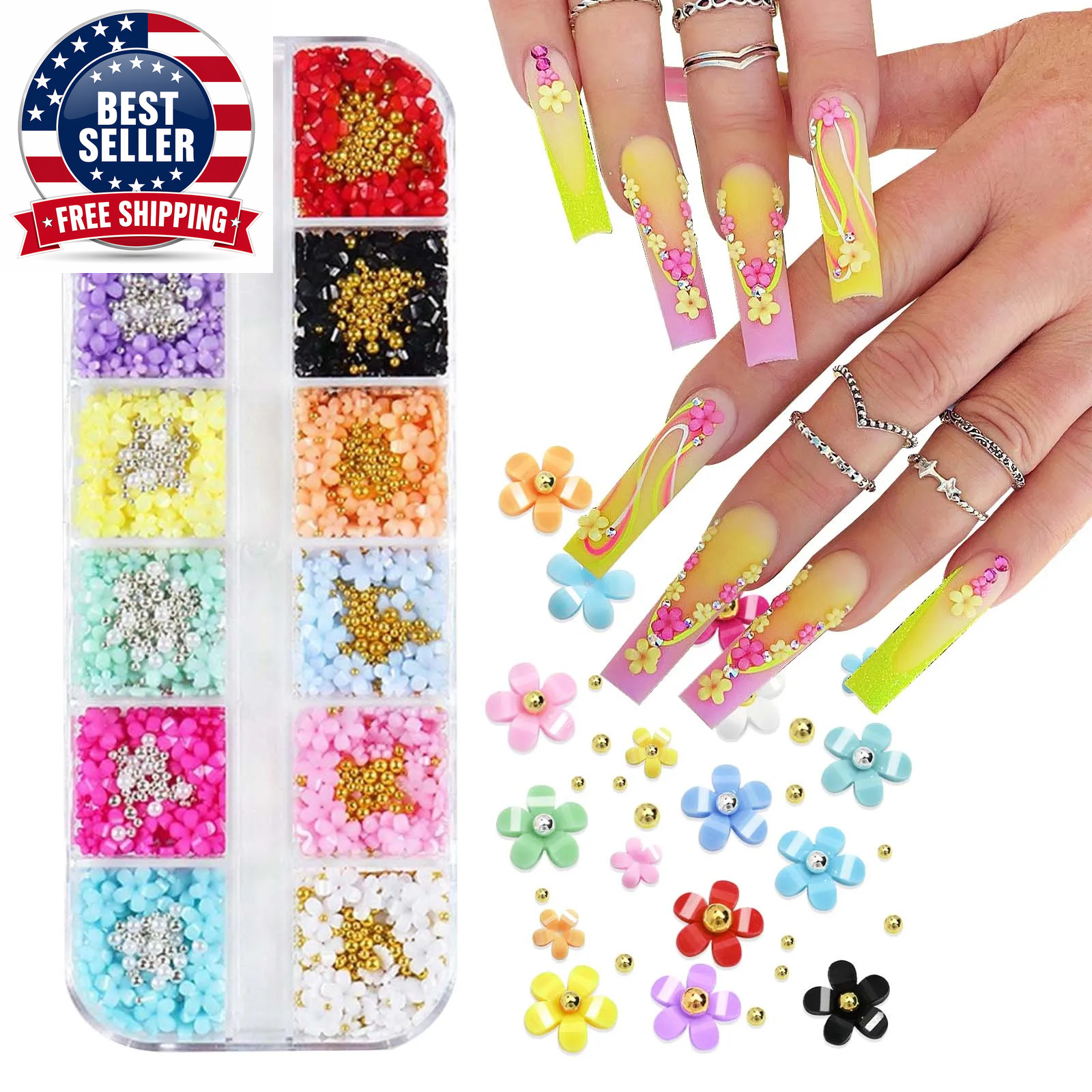 12 Grids/Box Nail Art Rhinestones 3D Color Resin Cute Flowers with Caviar Decora