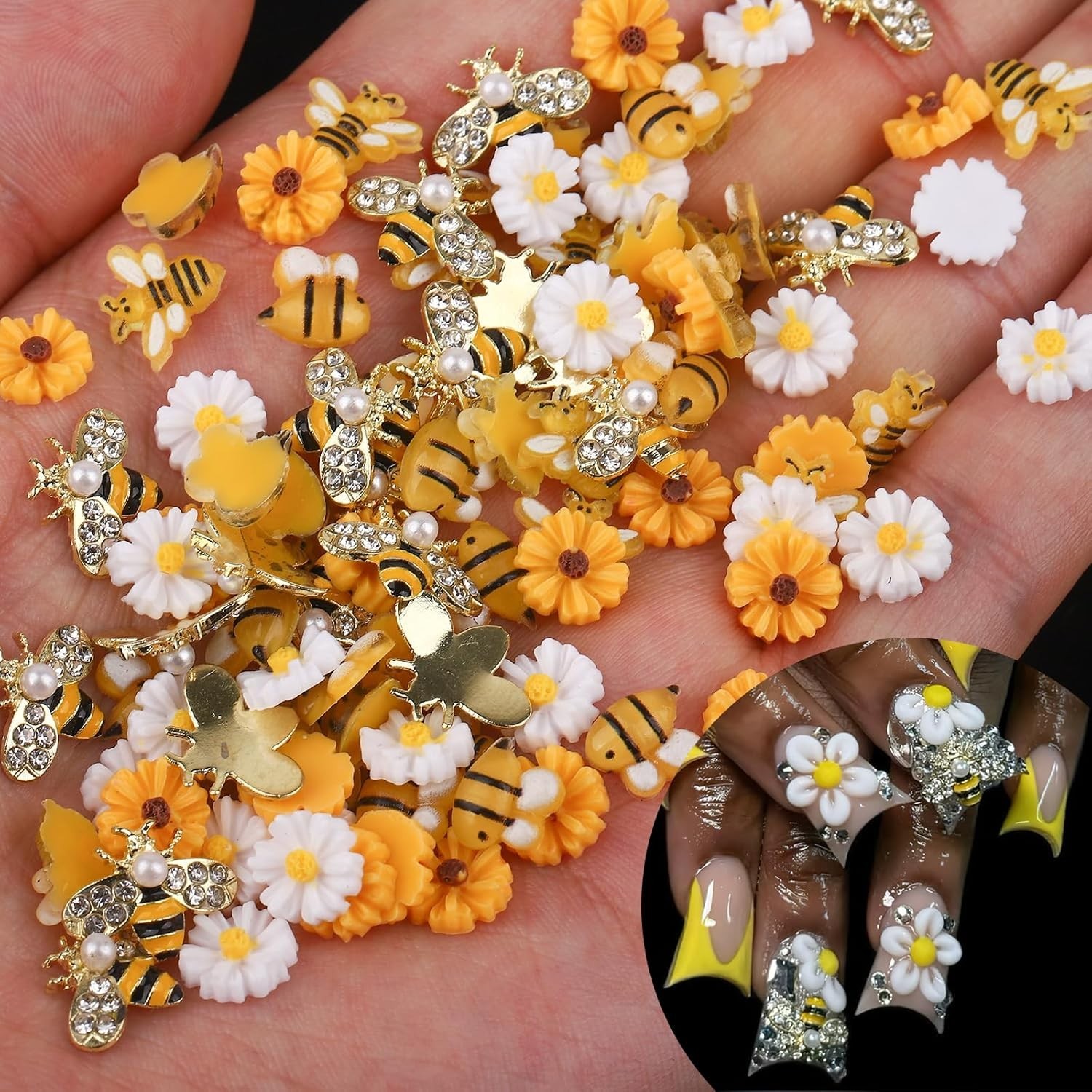 Cute Cartoon Bee Nail Charms 60Pcs Resin Daisy Flower Rhinestones for Nails