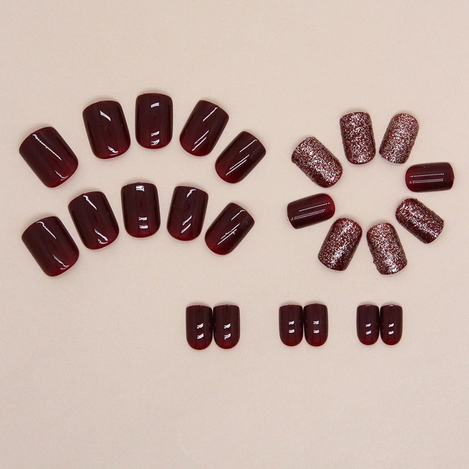 Press on Nails – Short Square Fake Nails with Burgundy, Acrylic Bling Glitter…