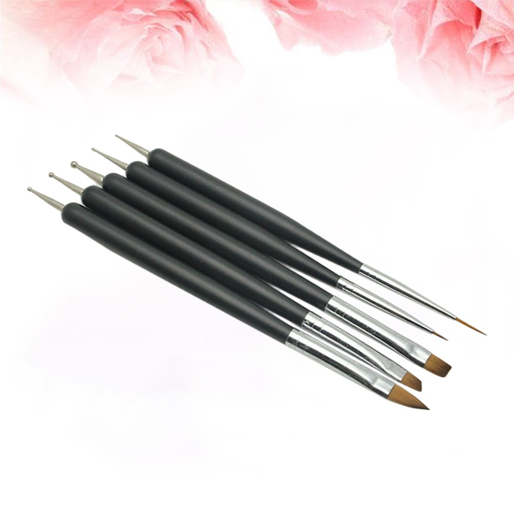 5Pcs Manicure Pen Set Double End Nail Brush and Carving Tip Black for Nail Art