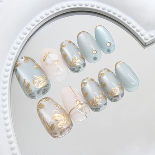 24Pcs Flower Press on Nails – Short Almond Fake Nails – 19
