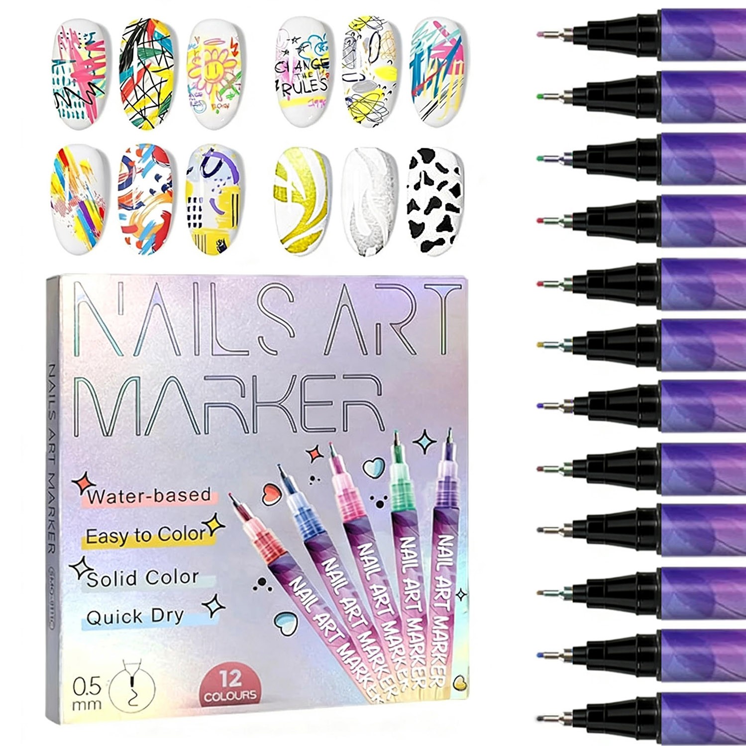 12 Colors Nail Art Pens Set 3D Nail Polish Pens Graffiti Dotting Pen Acrylic Pai