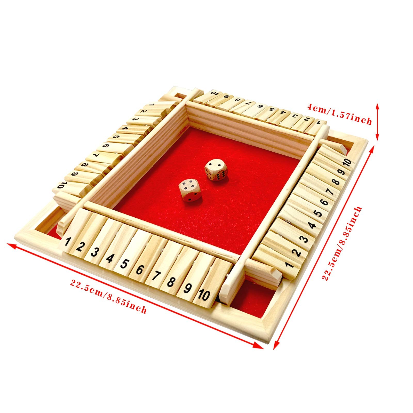 DC-BEAUTIFUL Shut The Box Dice Game, 2-4 Players 8.9” x x 0.6”, Red