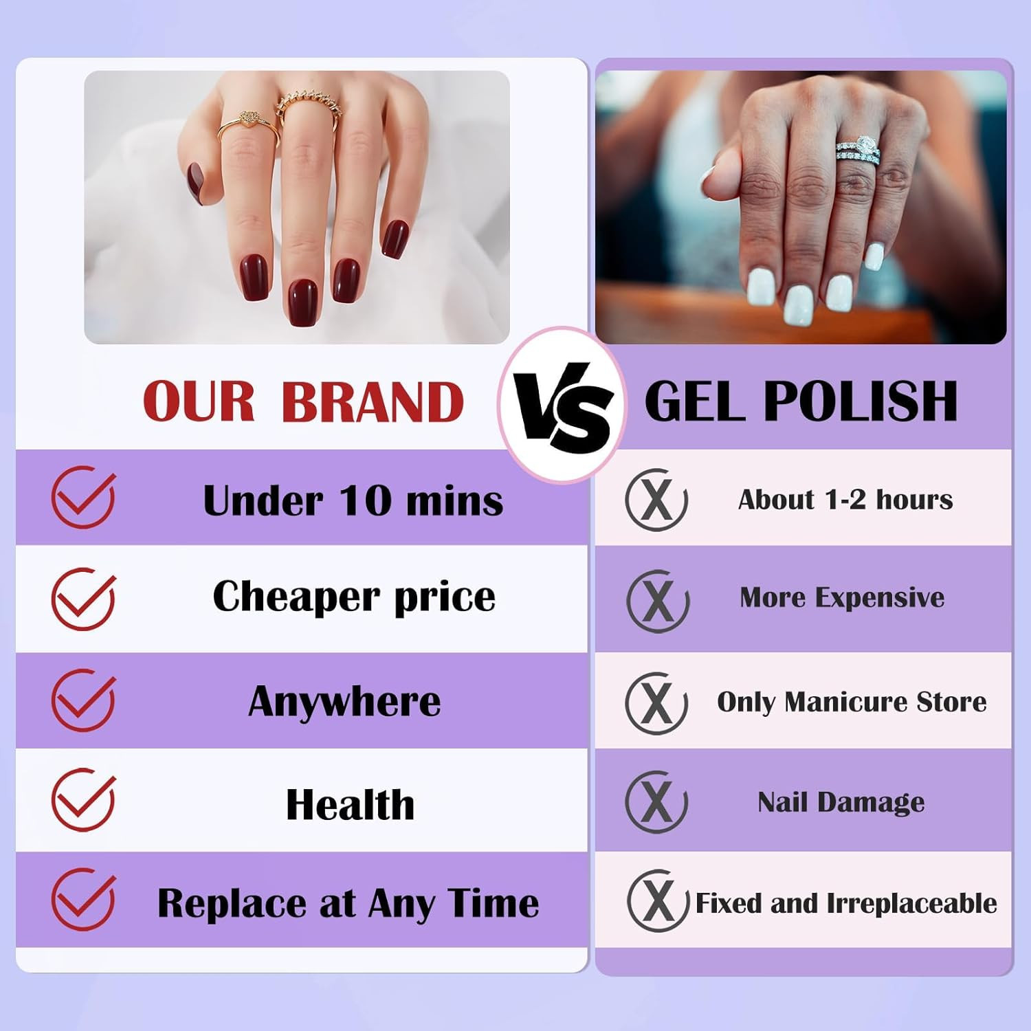 Press on Nails Short – Acrylic Press on Nails Red, Square Glue on Nails with Na