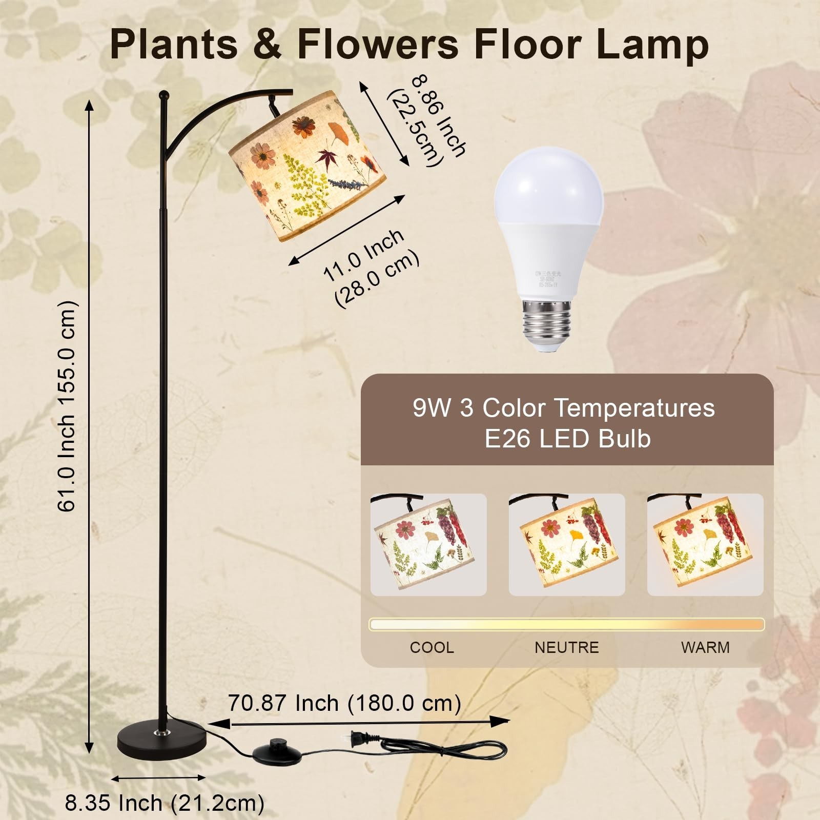 Floresita Dried Flowers Tripod Table Lamp 14.56in, 9W LED Dimmable 61“Drie