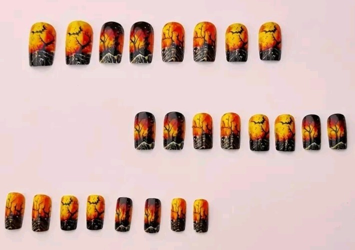 Halloween Fingernails Trees, Bats, Spooky Middle Length Black & Orange Reusable