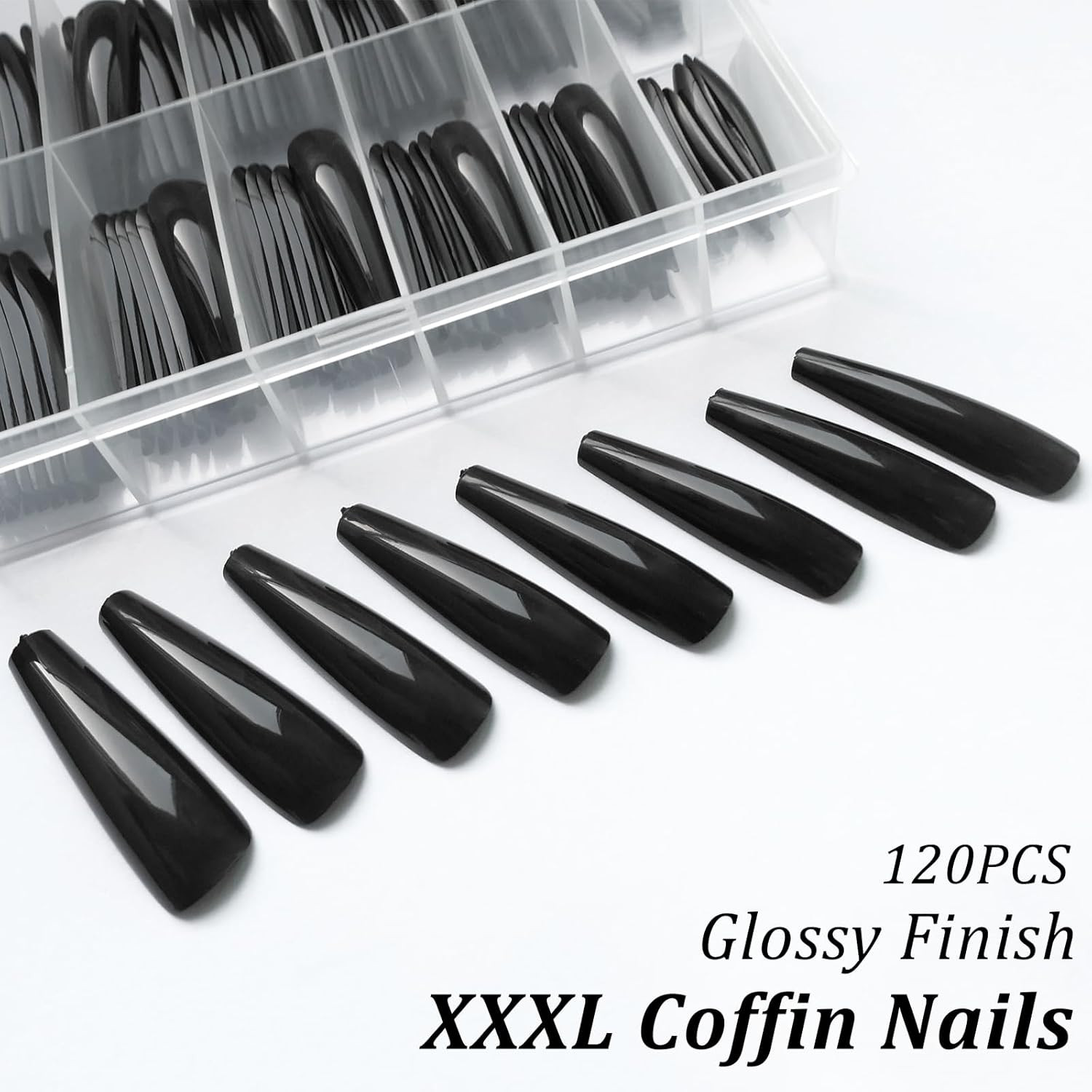 XXXL Extra Long Press on Nails Coffin Glossy Black Fake Nails Full Cover