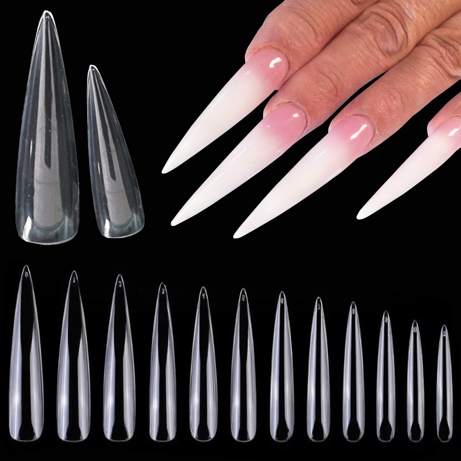 600pcs XXXL Clear Stiletto Nail Tips Extra Long 3xl Full Cover Fake Nails Pro…
