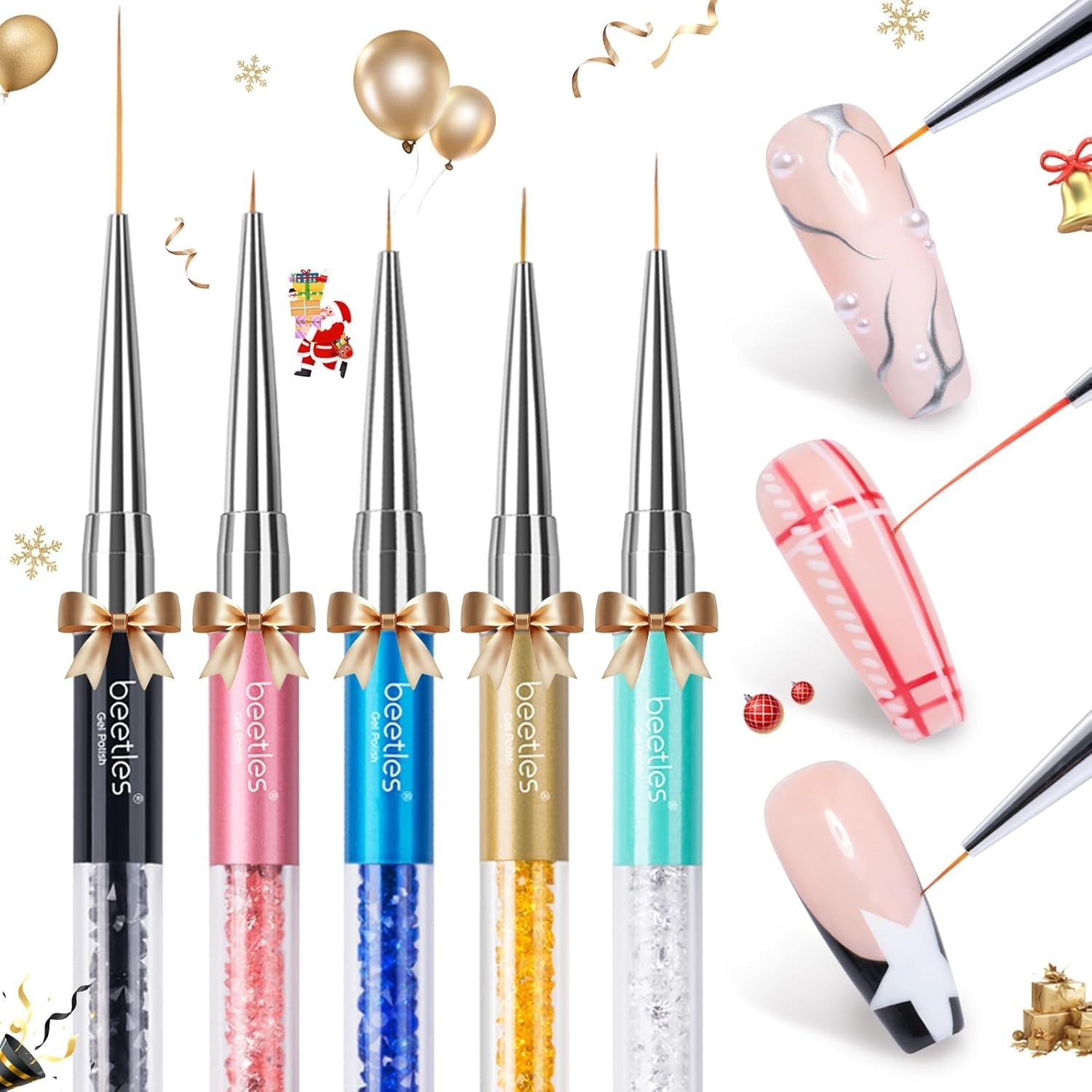 Nail Art Liner Brushes Set 5Pcs for Drawing and Design with Rhinestone Handle