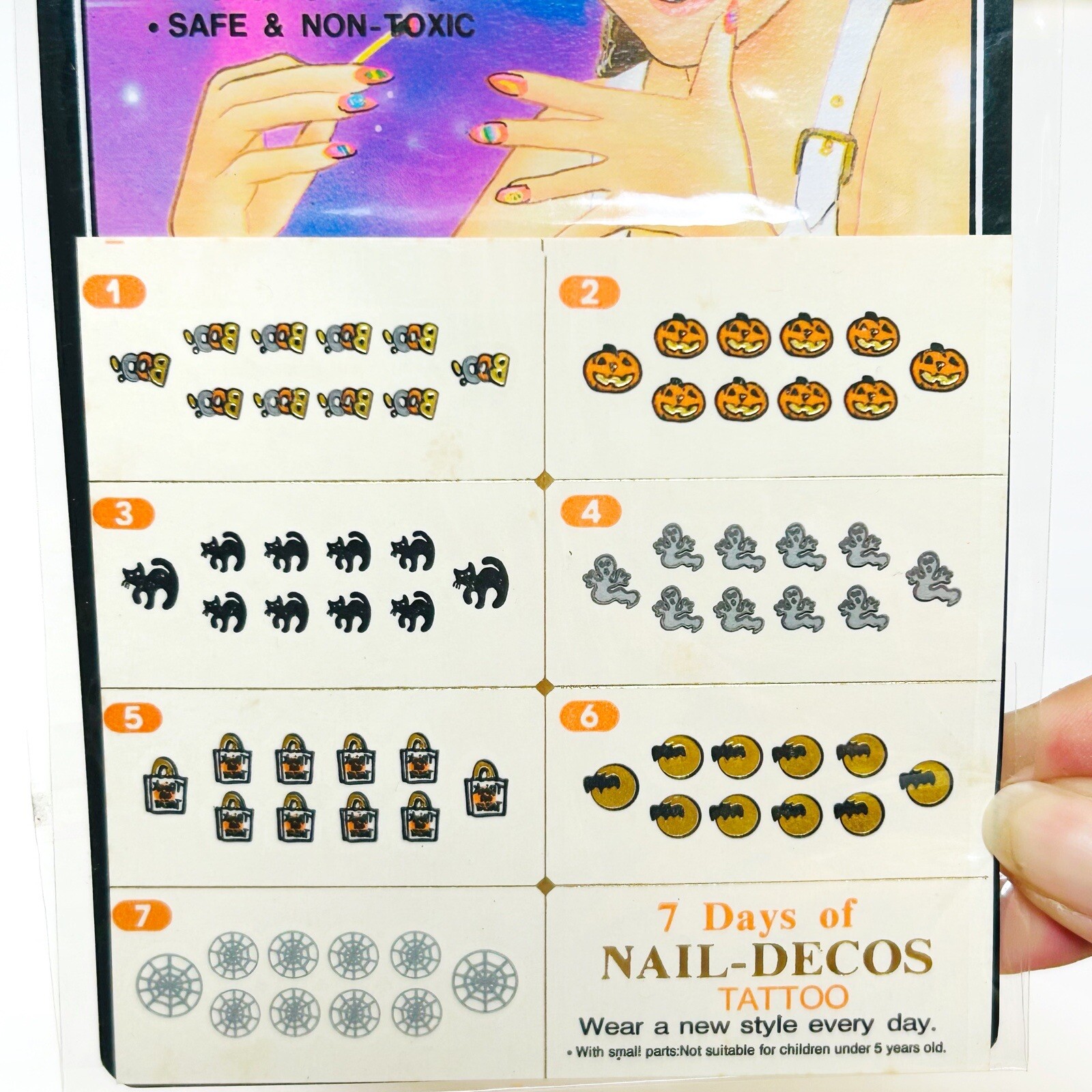 Vintage 90s Y2K Nail Decos Nail Art Tattoos Halloween Black Gold Cats Bats Moon