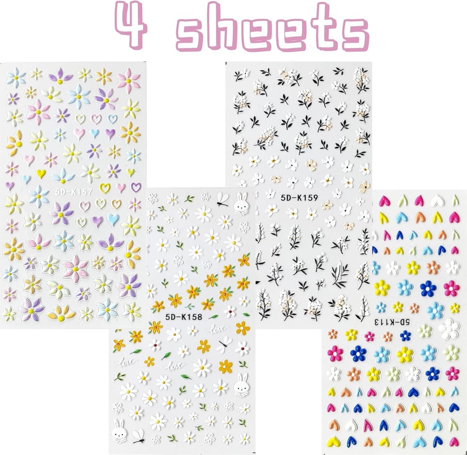 Flower Nail Art Stickers Decals 5D Embossed Spring Colorful-01
