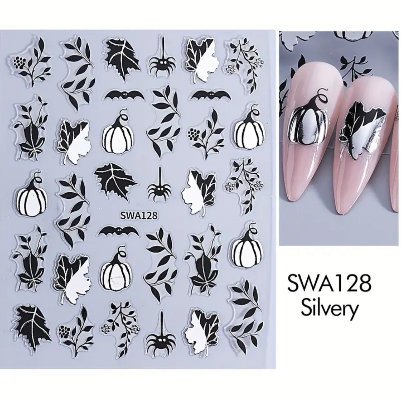 Halloween Nail Art Stickers Pumpkin Spider Bat Leaves Gold Silver DIY SWA128