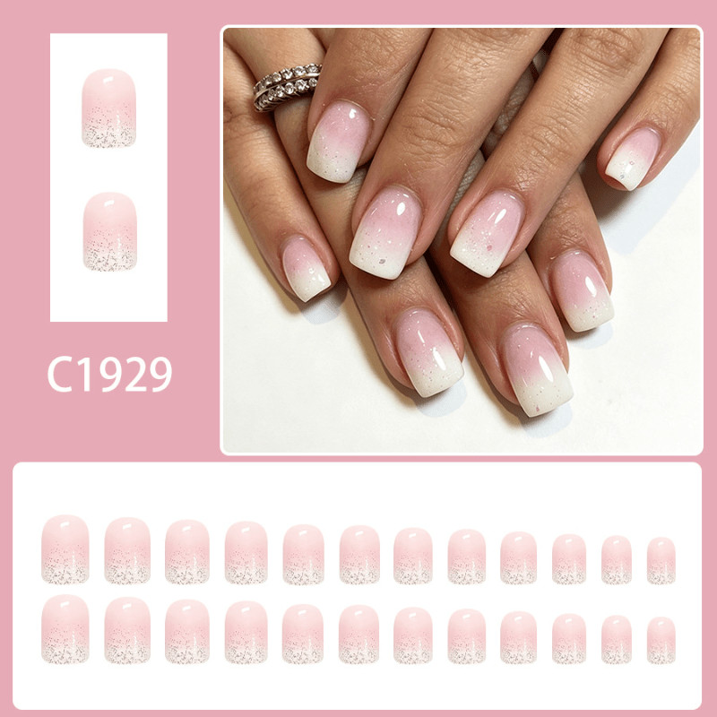 48Pcs Short Square Nails, Pink White Gradient Glitter, Nude Daily Manicure