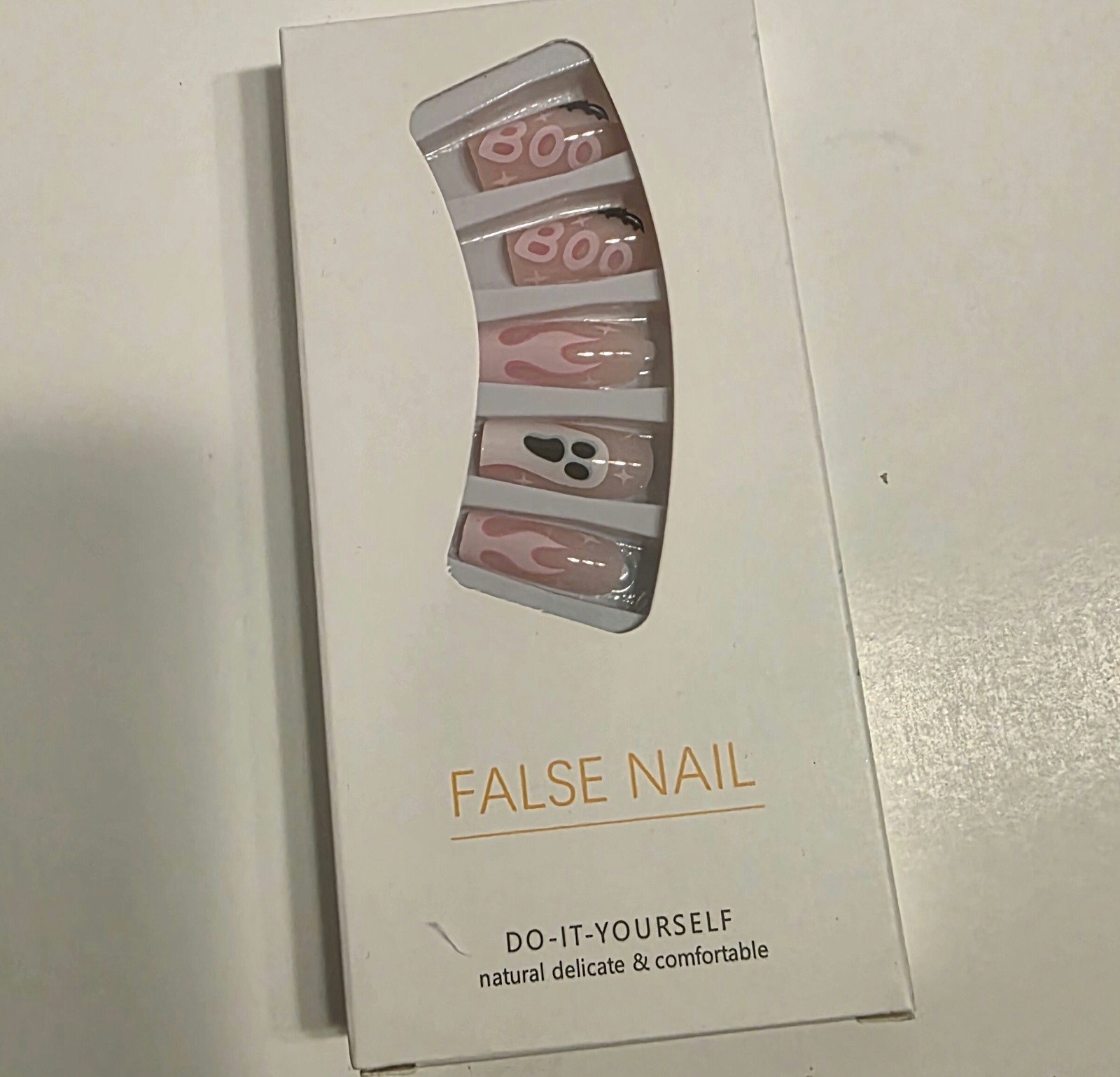 Pink Shiny Medium Square Press-On Nails Set Full Cover Acrylic Flames Paw Print