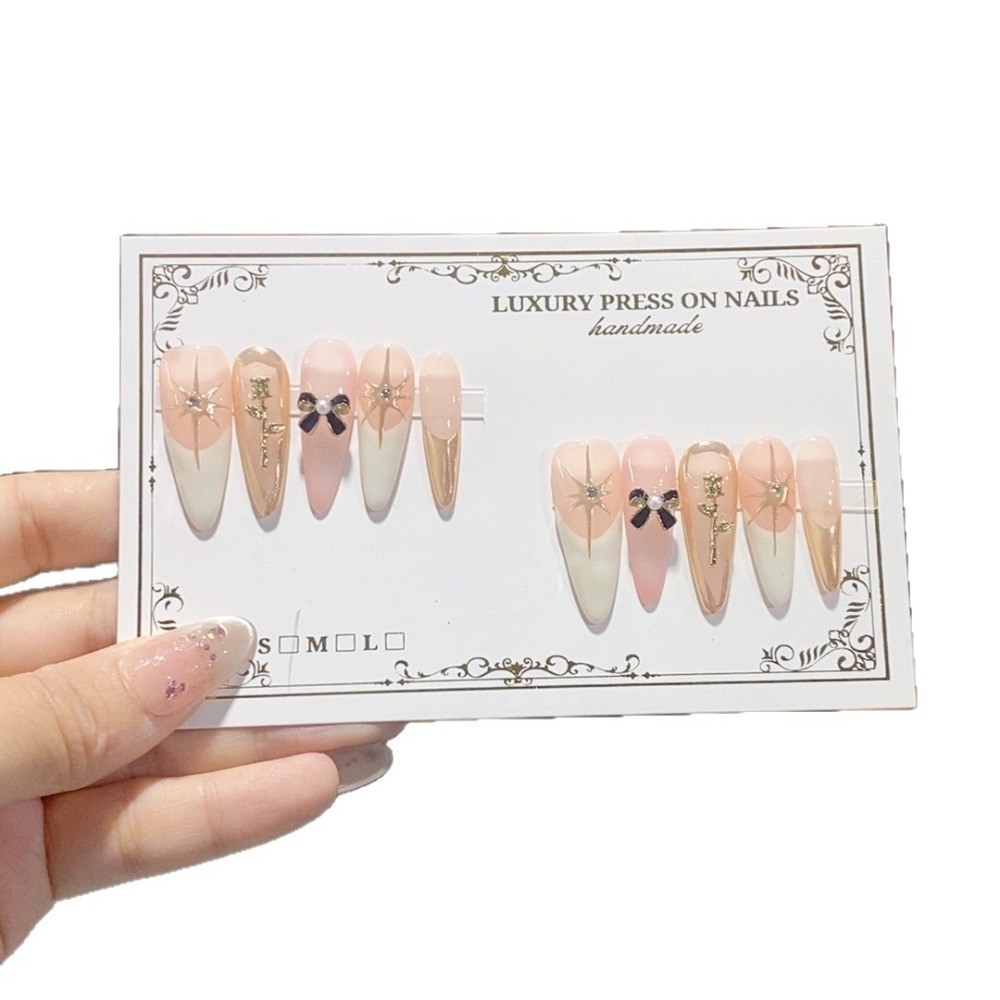 10pcs Pink White Press on Nails Mirror Rose Bow Rhinestone Almond Fake Tips