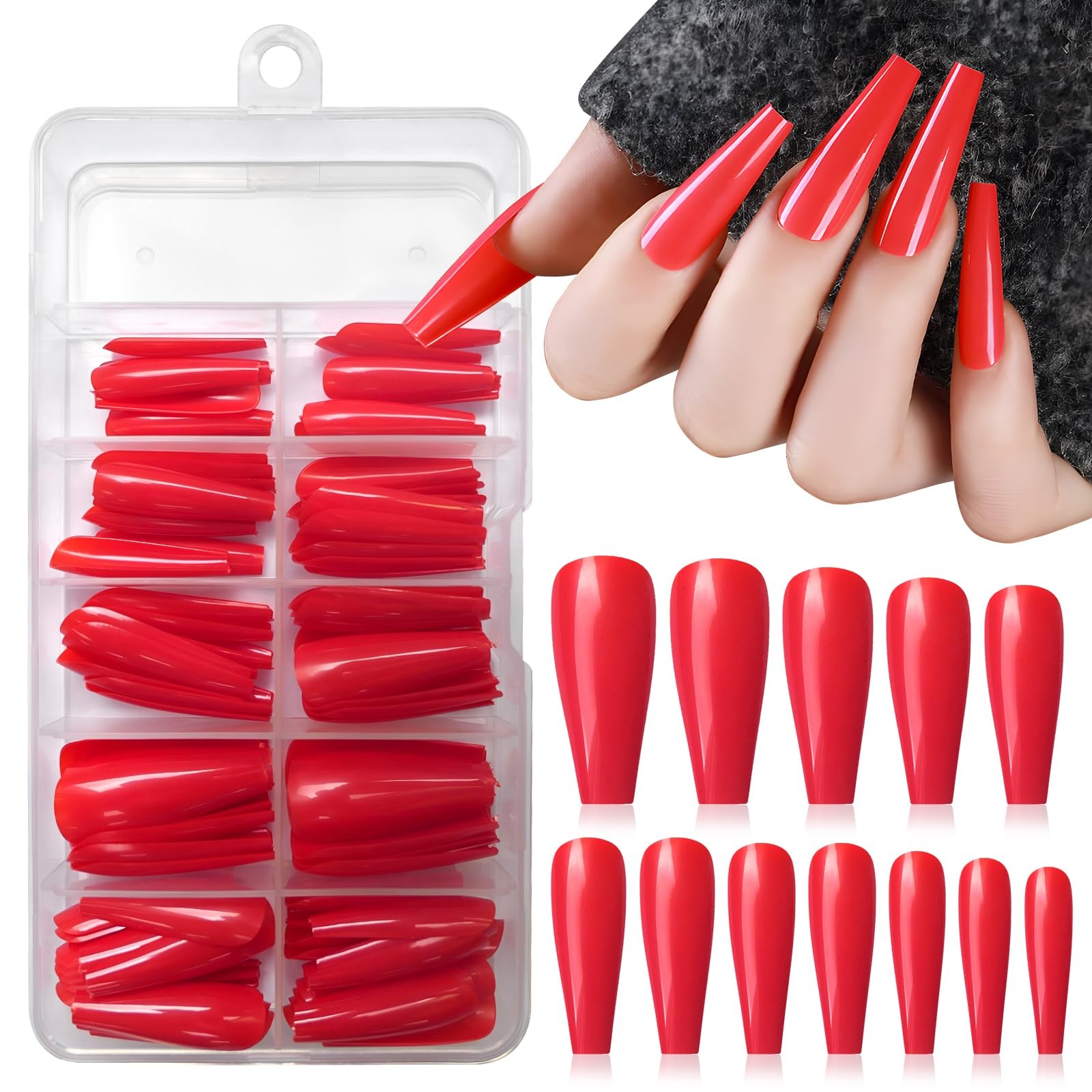 Lifextol 120pc Coffin Press on Nails Medium Length Colored Long Ballerina Red…