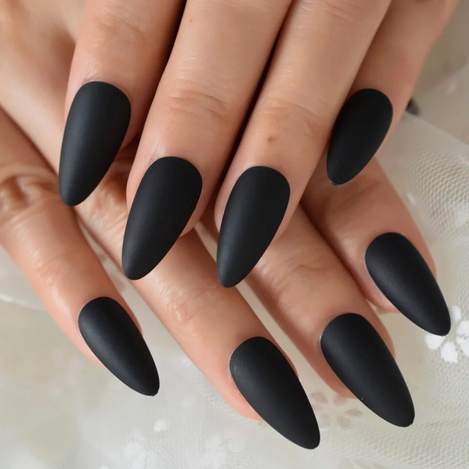 24 Vampy medium Matte Black Press on nails Stiletto witchy goth alt glue on Dark