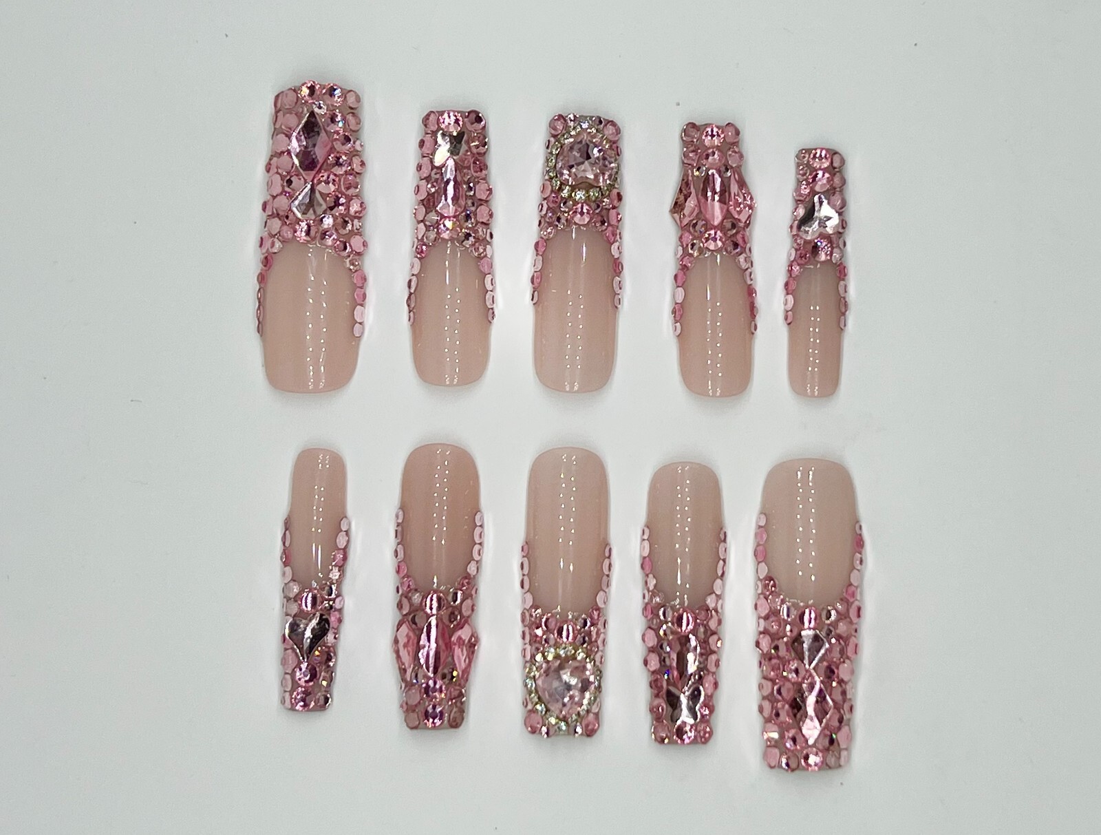 Queen Luxurious Handmade Pink Full Diamond French LongPress on Nails S-M -L