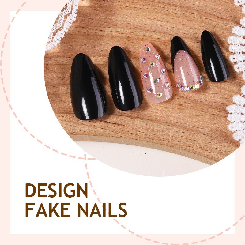 72Pcs-Medium Almond Press on Nails Black French Gold Glitter Nude Fake Nails