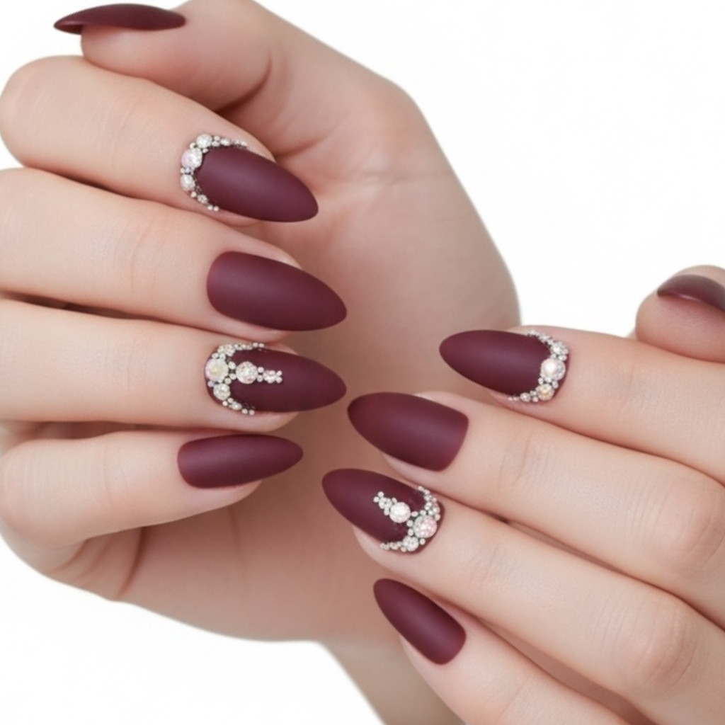 Diamond Red Burgundy 3D Crystal Design Matte Stiletto Long Press On Nails Set