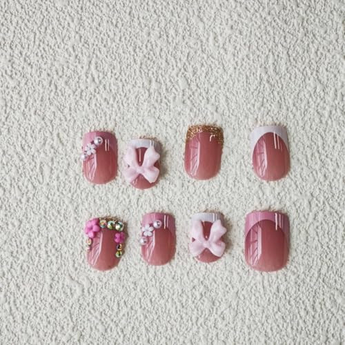 French Tip Press on Nails Short Square Fake Nails Nude Glossy False Nails with