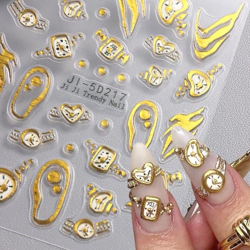 2Sheets Vintage Watch Nail Art Stickers 5D Embossed Gold 5D Gold Irregular 14