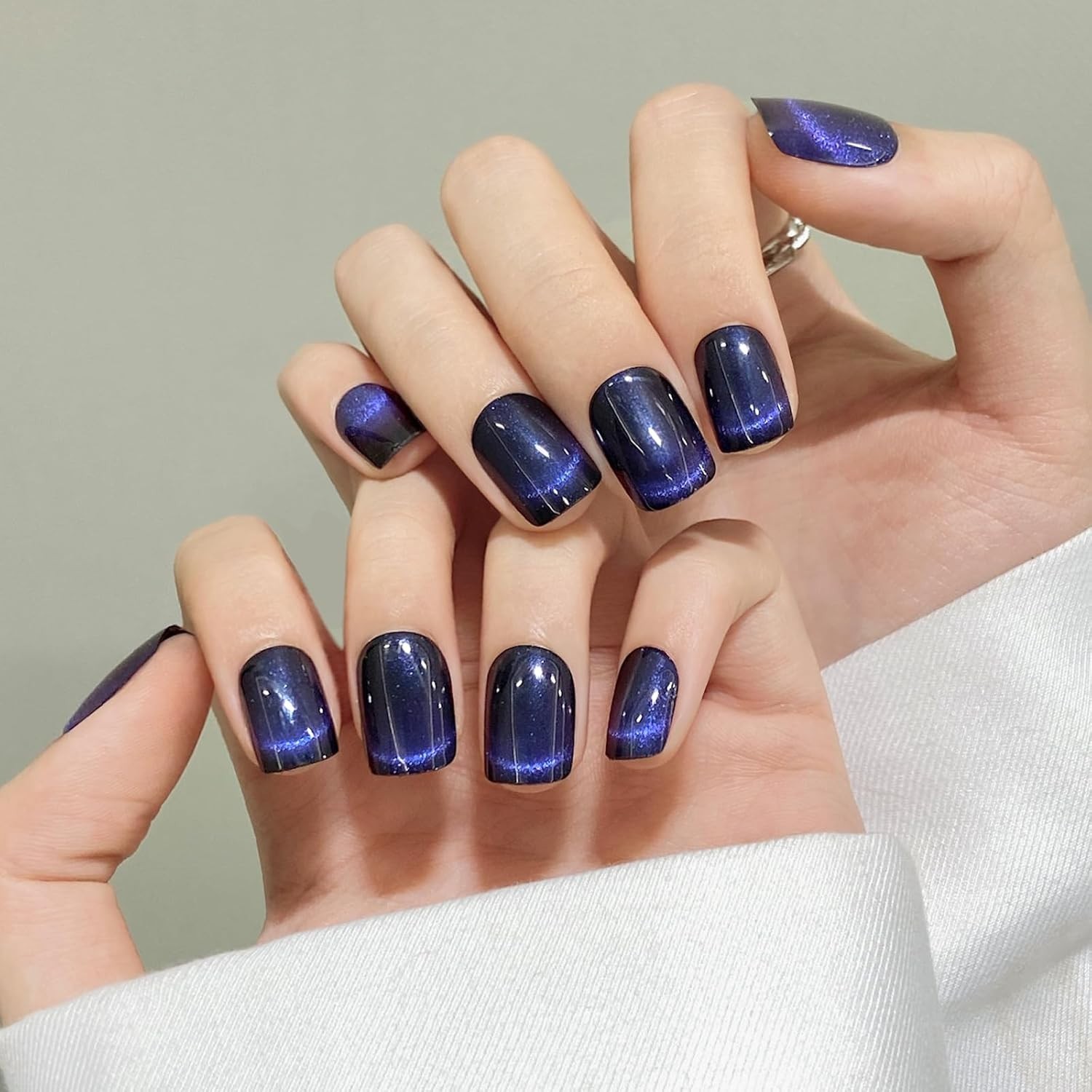 Dark Blue Track Cat Eyes Press On Nails,12 Sizes – 24 Pcs Soft Gel Short Blue Bl