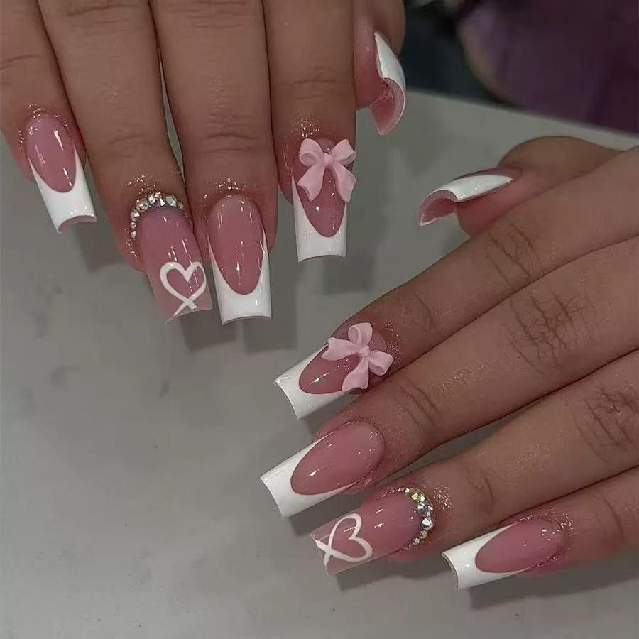 Square Pink White French Tip| Bow Heart Rhinestone Cute False Nails