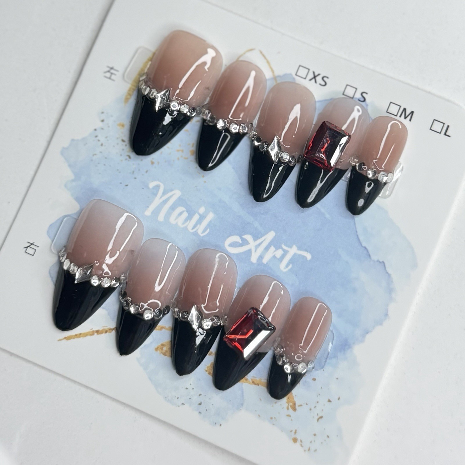 Handmade Black French Tip Press-On Nails Medium Almond Reusable Fake Nail