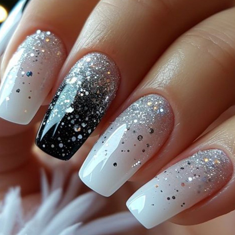 48pcs-Elegant Black & Silver Nails, Press on Coffin with Sparkly Ombre Effect