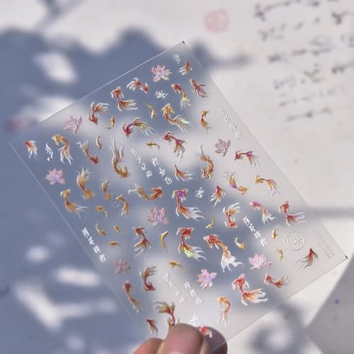 Nail Art Stickers Sparkly Koi Nail Stickers 5D Embossed Shell Light Goldfish