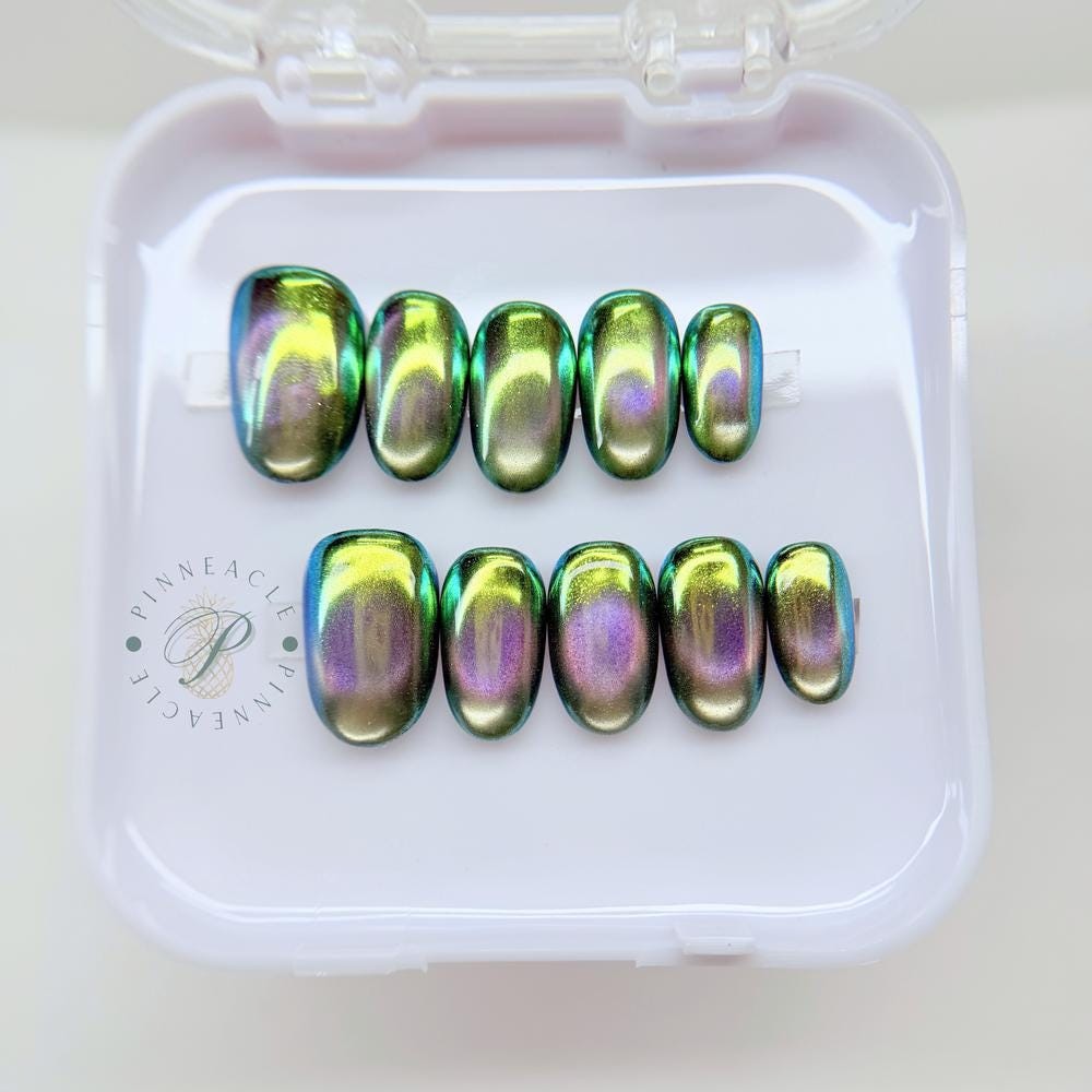 Custom Handmade Green Purple Chameleon Chrome Oval Press on Nails Set