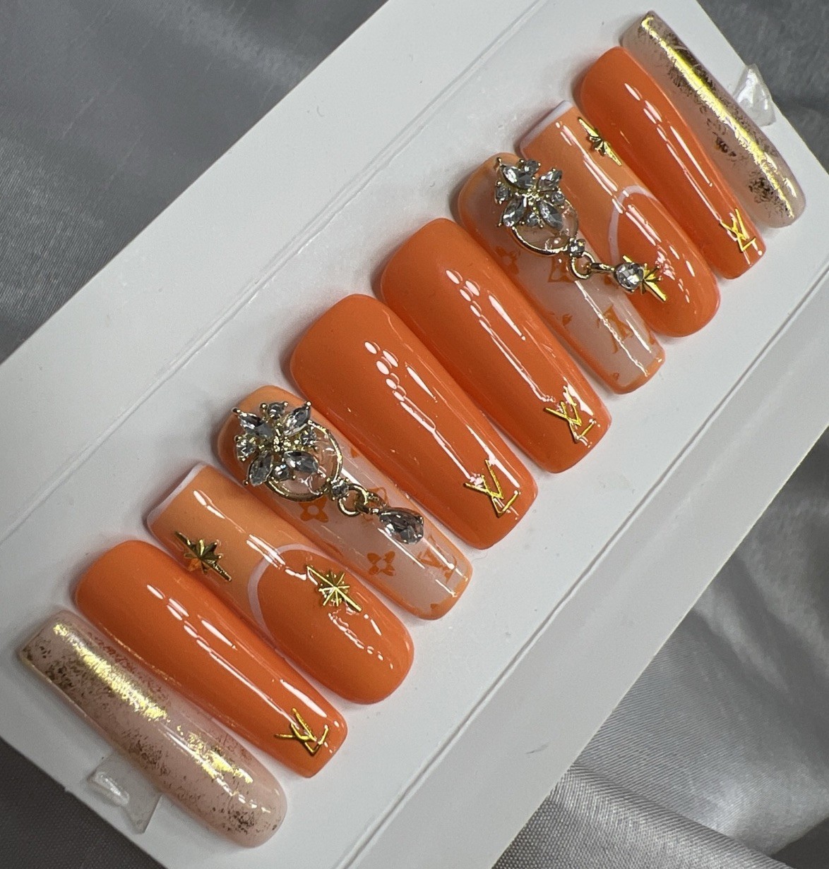 💎 CUSTOM Hard Gel Press On Nails, Orange NUDE , 10p FULL SET W Kit LONG SQUARE