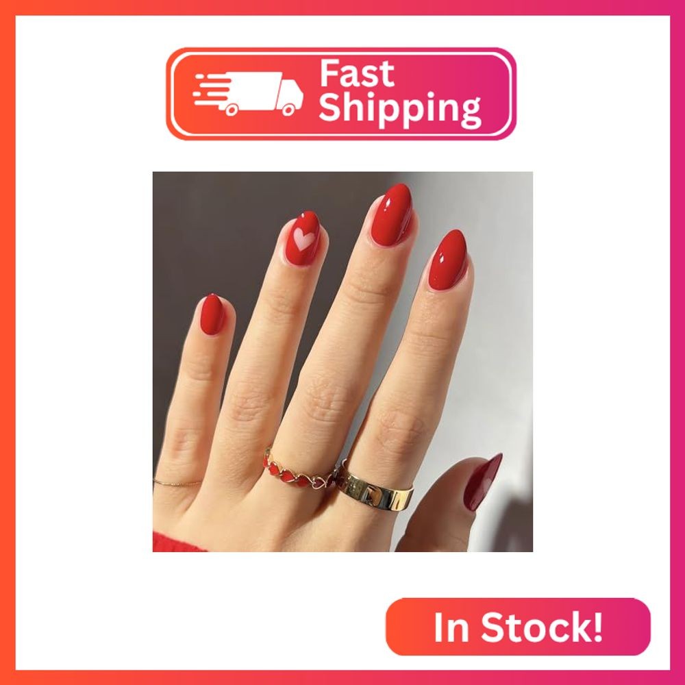 Red Valentines Press on Nails Almond Shaped Fake Nails Glossy Red Heart Design G