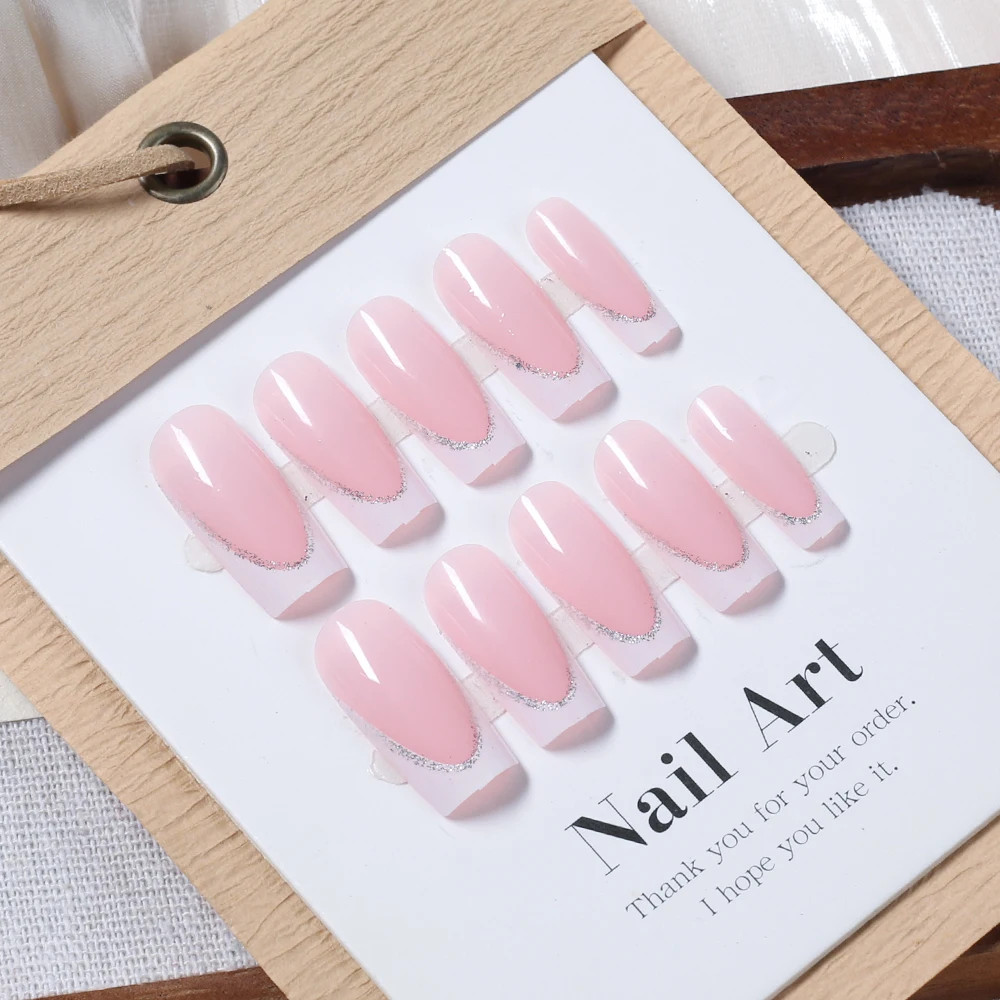 French Glitter Short Square Coffin Press on Nails Full Cover Acrylic Fake