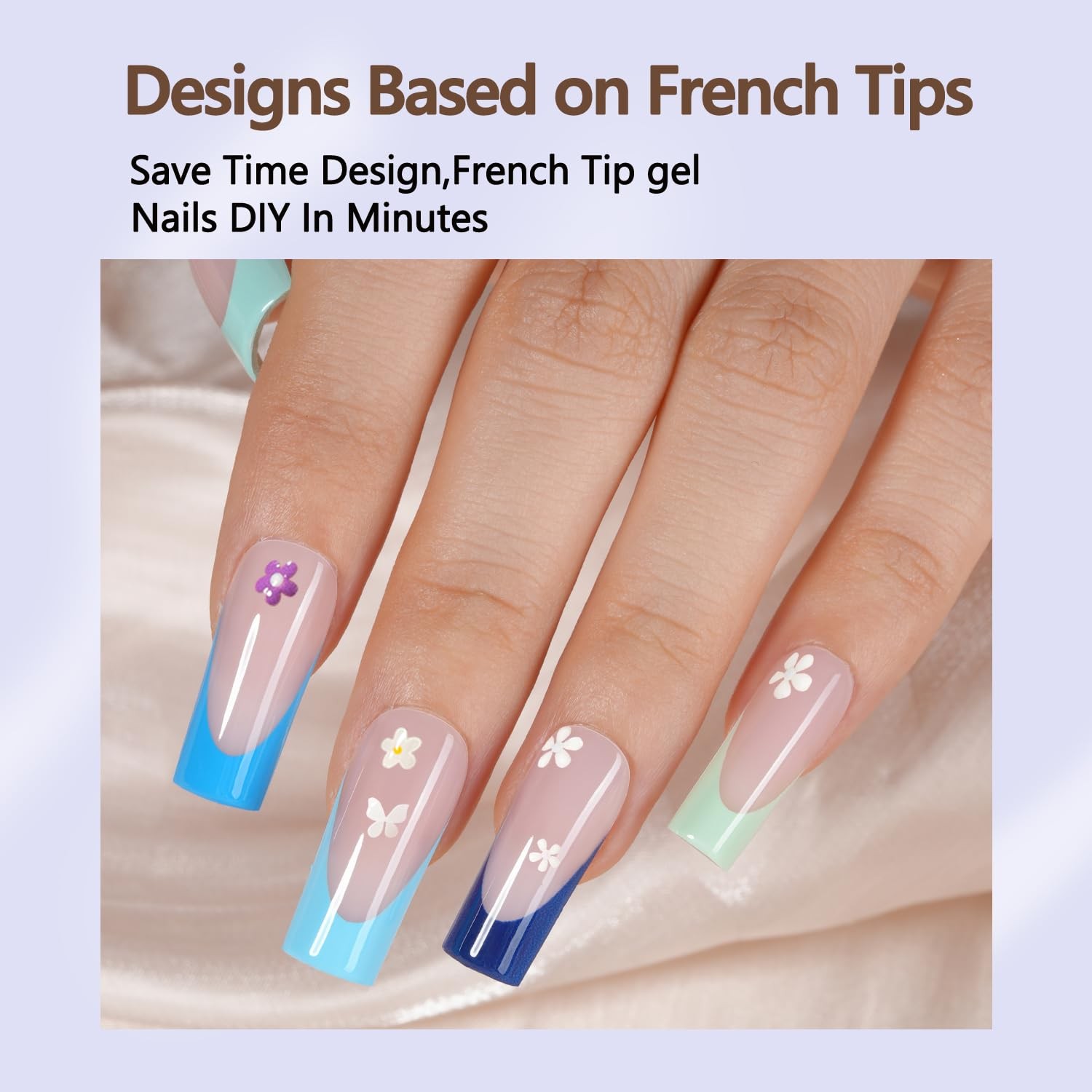 Misssix Blue French Tip Press on Nails, 150Pcs, Long Square Fake Nails