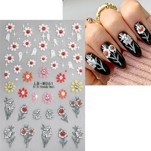 4 Sheets Cute Ghost Nail Art Stickers and Halloween Flower Nail Stickers-7