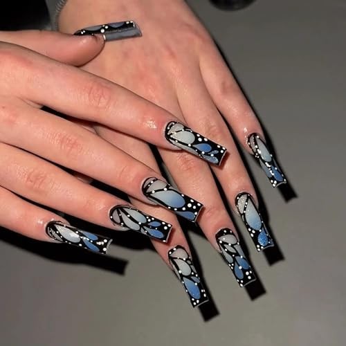 Long Square Press on Nails Blue Ombre French Tip Fake Nails 211-08 BlueBlack