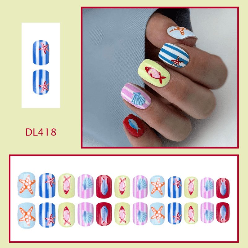 48Pcs Cartoon Fish Starfish Short Square Press on Nails, Lovely Beach Fake Nails