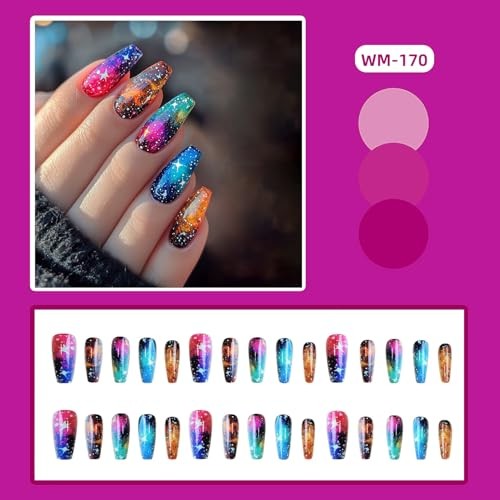 Press On Nails Medium Ballet Shaped False Nails 24Pcs Multi Color Stasrry Sky