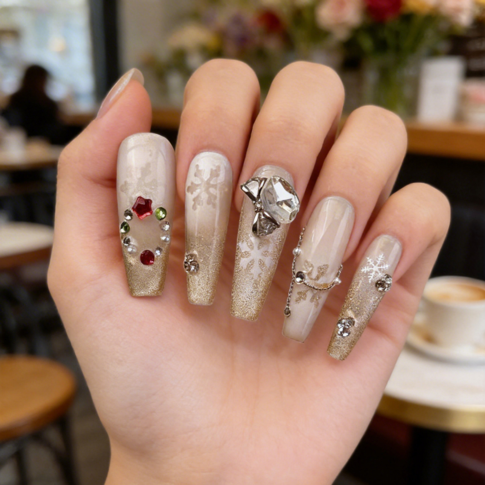 Gold Snowflake Press On Nails Long Coffin Rhinestone Christmas Nail Set