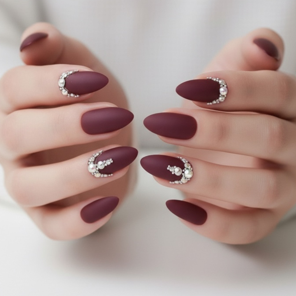Diamond Red Burgundy 3D Crystal Design Matte Stiletto Long Press On Nails Set