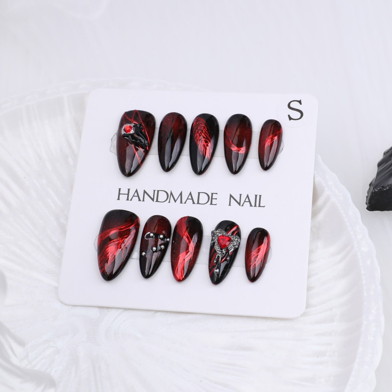 Press On Nails Medium Almond Black Red Cat Eye Rhinestone Gothic Halloween Nails