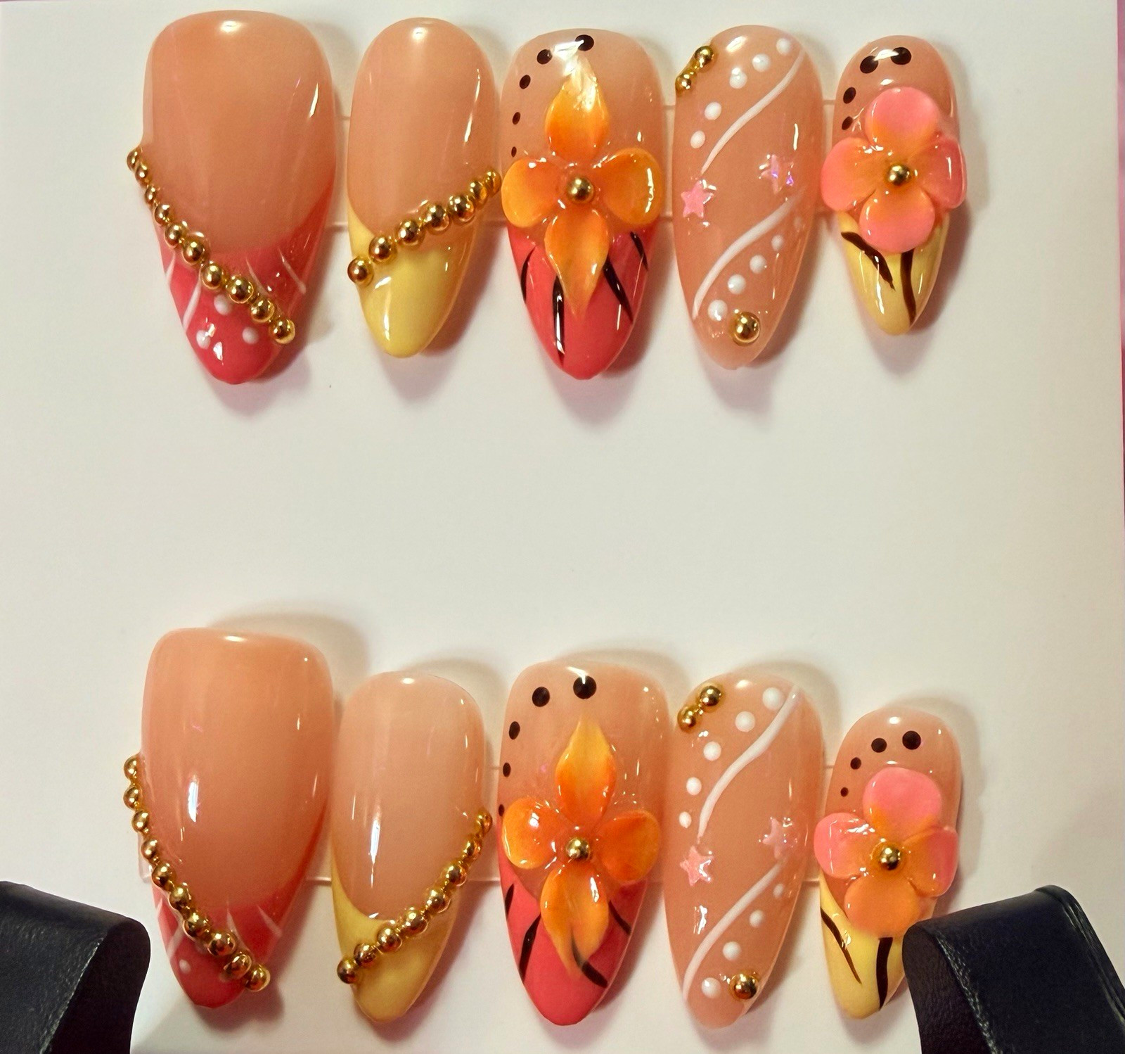 Nude/Pink/Yellow/Orange 3D Floral Almond Press-On Nails, Long Full Cover